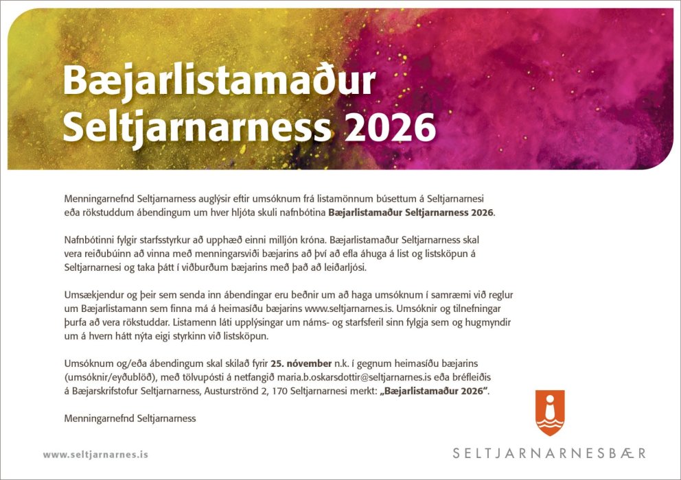 Umsóknarfrestur um Bæjarlistamann Seltjarnarness 2026