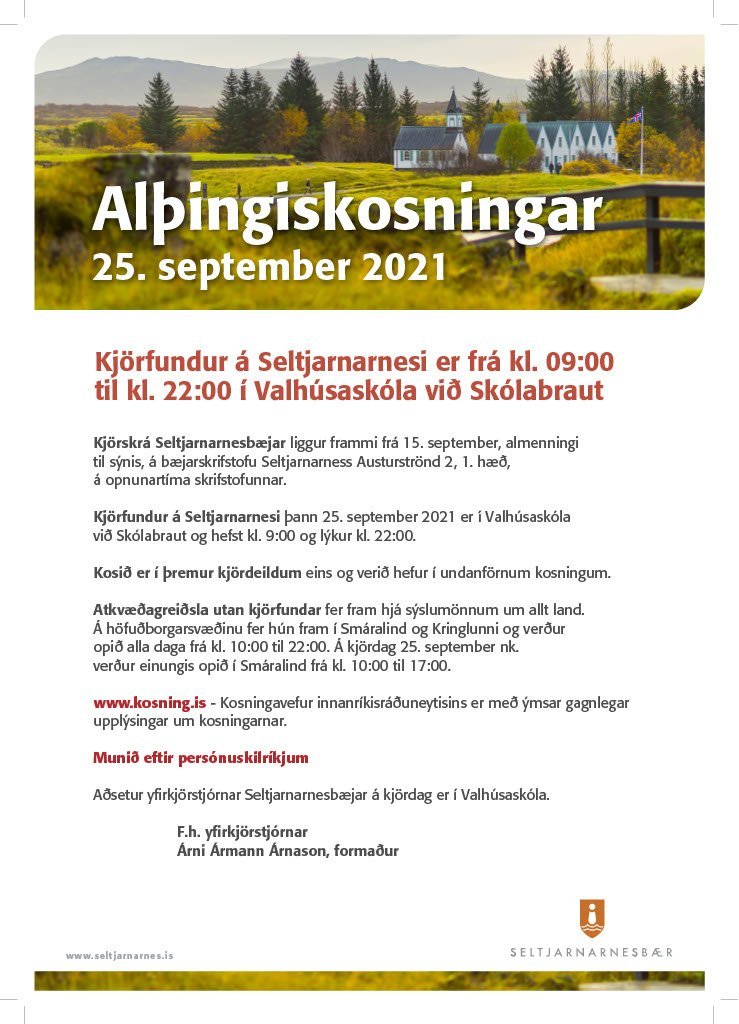 Alþingiskosningar 25. september 2021 - upplýsingar um kjörskrá, kosningu og kjörfund á Seltjarnarnes