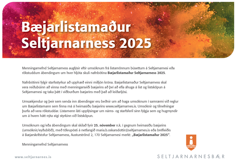 Bæjarlistamaður Seltjarnarness 2025 Opið fyrir umsóknir og tilnefningar
