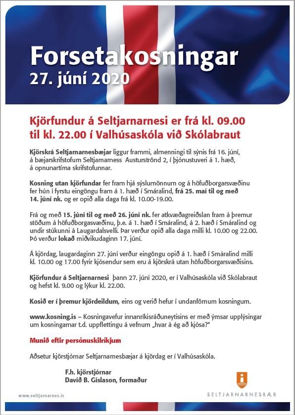 Forsetakosningar 27. júní 2020 - upplýsingar um kjörskrá, kosningu og kjörfund á Seltjarnarnes