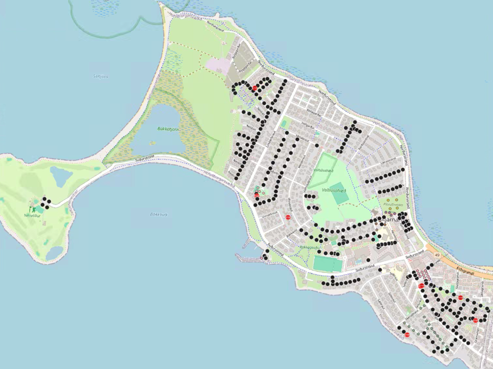 Yfirlitsmynd sem sýnir þá 353 lampa sem búið er að skipta út fyrir LED lýsingu.