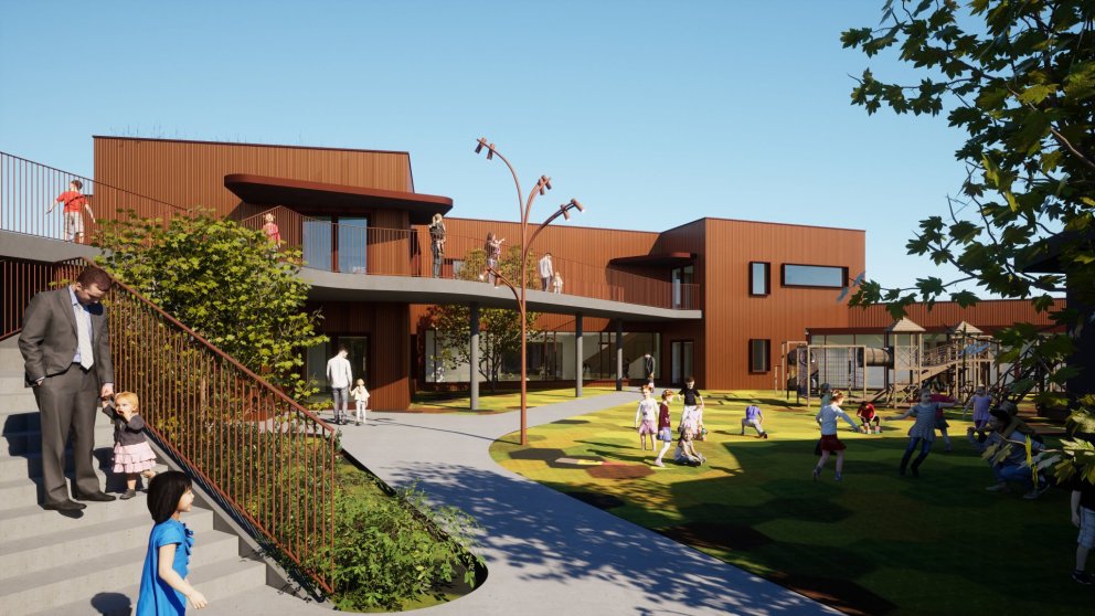 Yfirlitsmynd af fyrirhuguðum leikskóla og tengibyggingu við Mánabrekkur