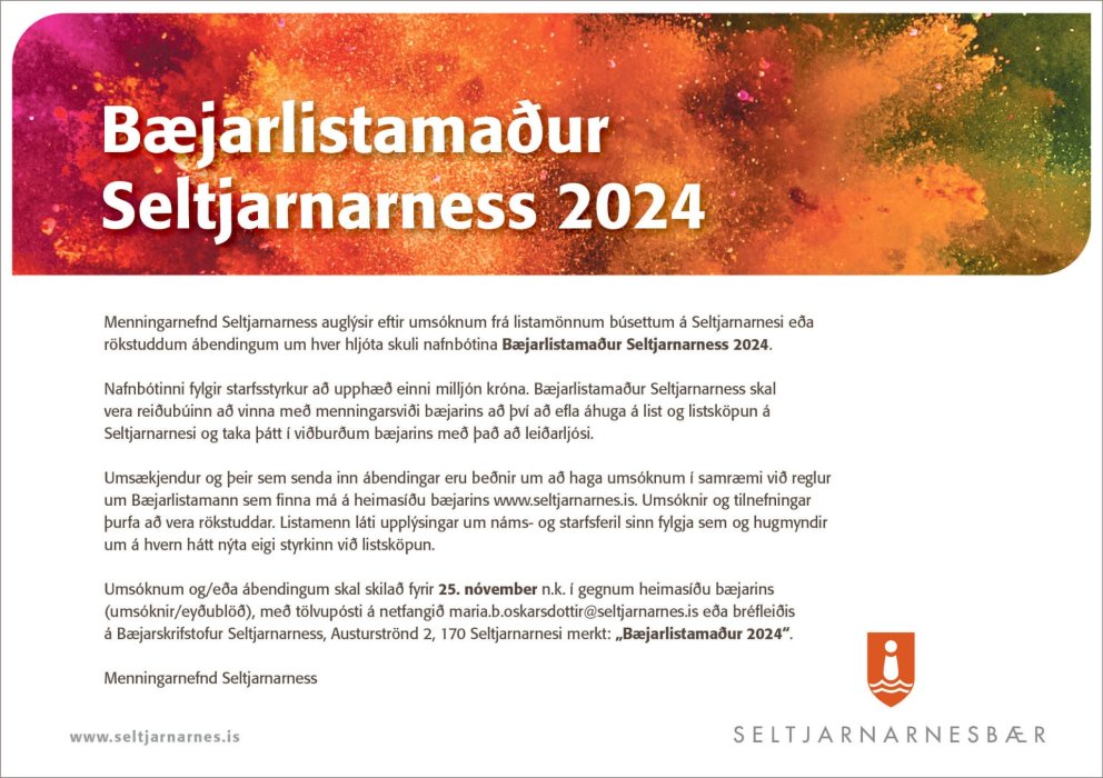 Bæjarlistamaður Seltjarnarness 2024 Opið fyrir umsóknir og tilnefningar