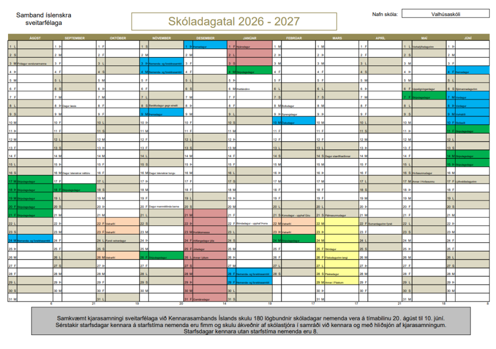 Skóladagatal næsta skólaárs 2026-2027