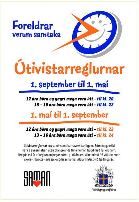 Félagsþjónustusvið Seltjarnarnes minnir foreldra og börn á útivistarreglurnar.