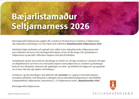 Umsóknarfrestur um Bæjarlistamann Seltjarnarness 2026